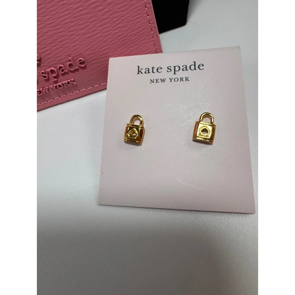 Kate Spade Pink Floral Card Holder & Gold Lock Stud Earrings Set KN759 K6448 NEW